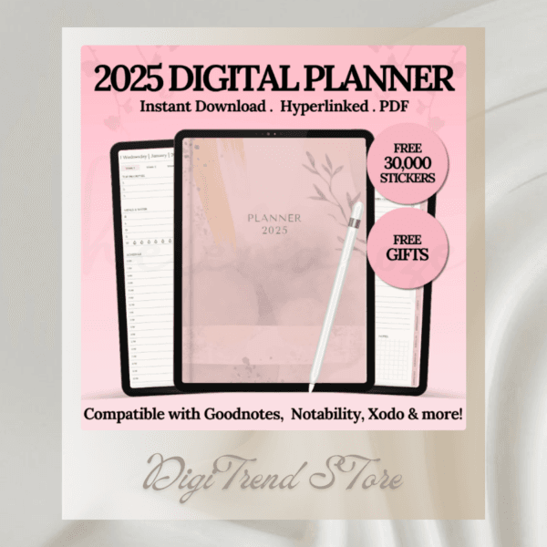 2025 Hyperlinked Digital Planner | Daily & Weekly Planner for Goodnotes on iPad | Includes Planner Stickers